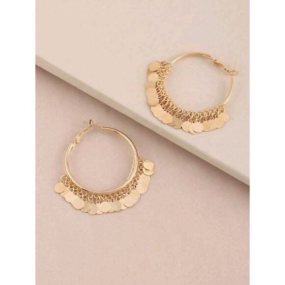 Gold Dangle Disc Hoop Earrings - Elegant and Trendy Statement Jewelry for Women - Picture 3 of 5